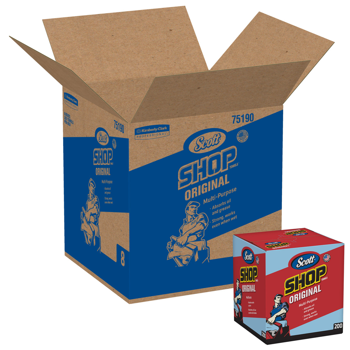 SCOTT Blue Shop Towels, POP-UP Box, 8/200 Case, 75190