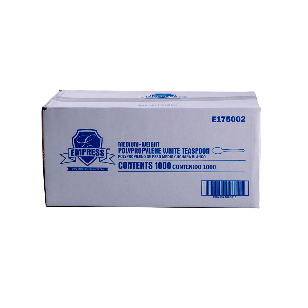 Empress White Mediumweight Polypropylene Teaspoons, Dense Pack, 1,000/Case