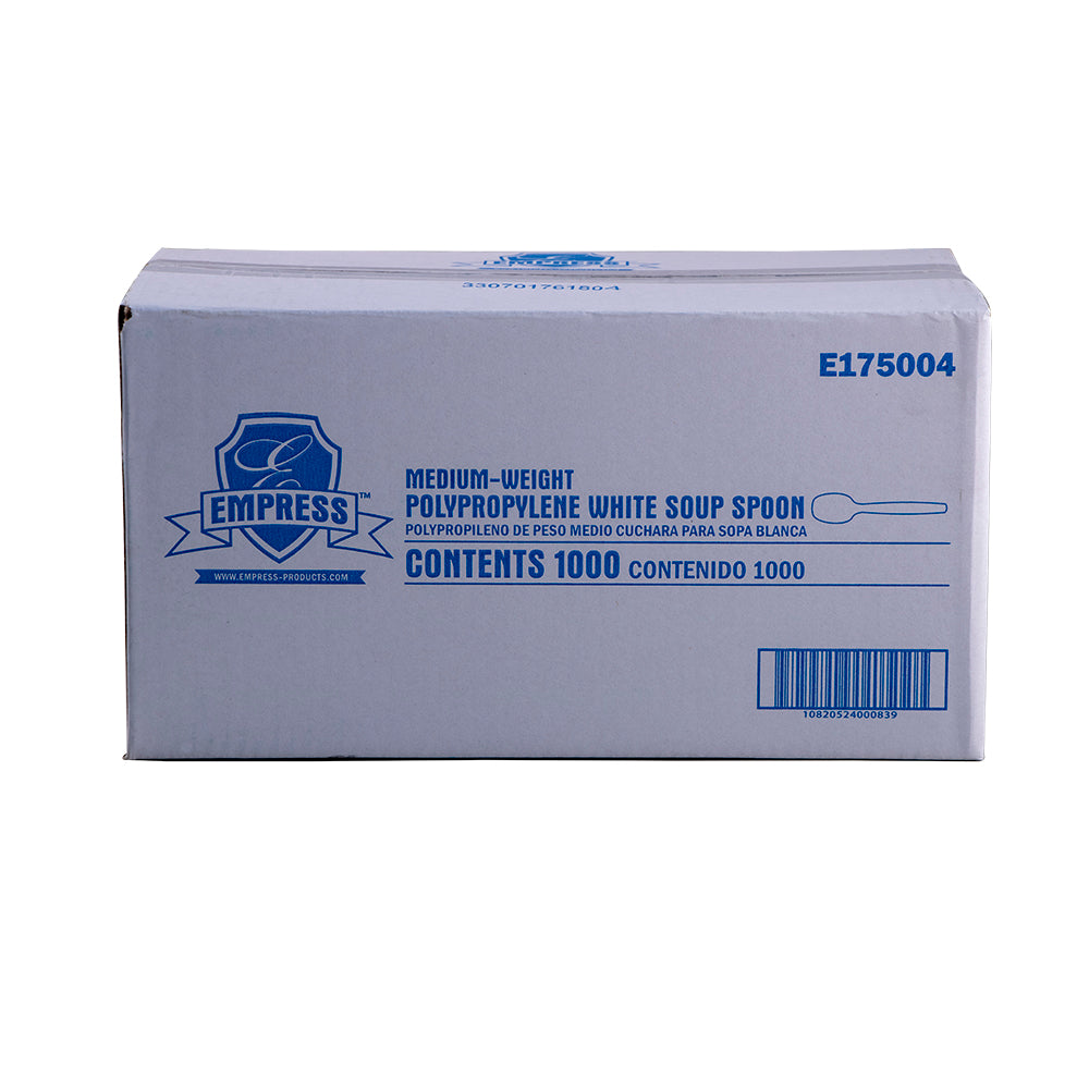 Empress White Mediumweight Polypropylene Soup Spoons, Dense Pack, 1,000/Case