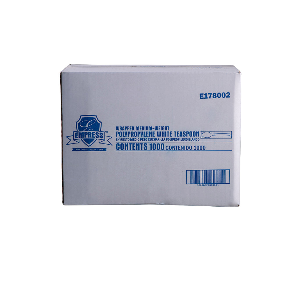 Empress White Mediumweight Polypropylene Teaspoons, Wrapped Dense Pack, 1,000/Case