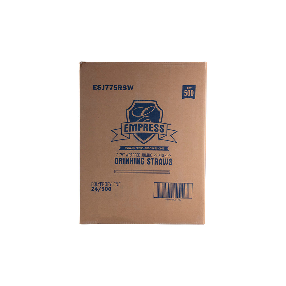 Empress Jumbo Straws, Paper-Wrapped, 7.75 in, White/Red Stripe, 24 x 500/Case
