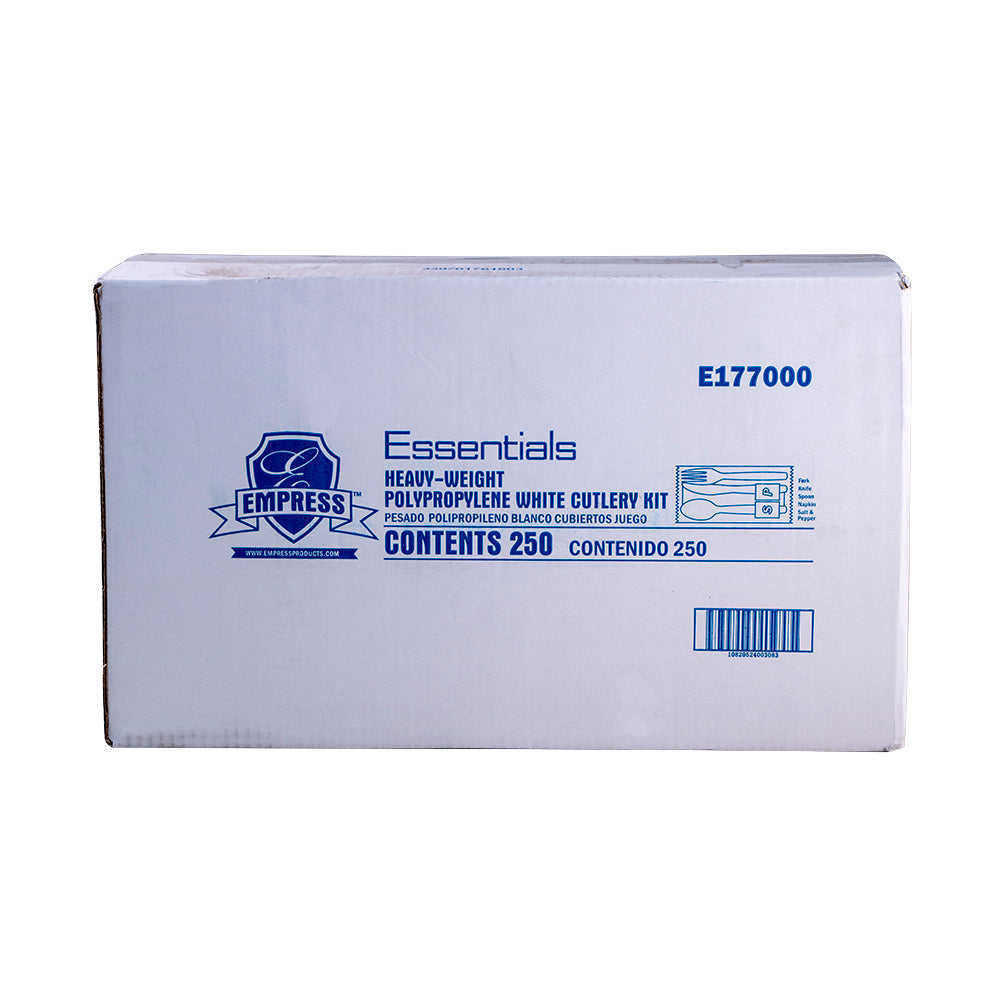 Empress White Extra Heavyweight PP Cutlery Kits, Knife, Fork, Teaspoon, S&P & Napkin, 250/Case