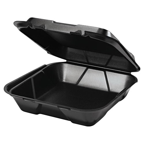 Genpak Vented 1-Compartment Hinged Container Black Foam 9-3/16x9-9/16x2-21/32 | 2/100 cs (200/Case)
