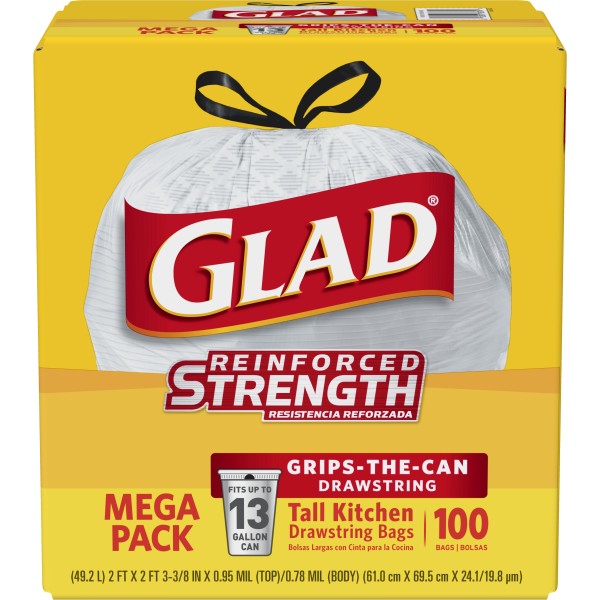 Clorox , Glad Tall Drawstring Trash Bags , 13 Gallon 100 Count , 4 / cs