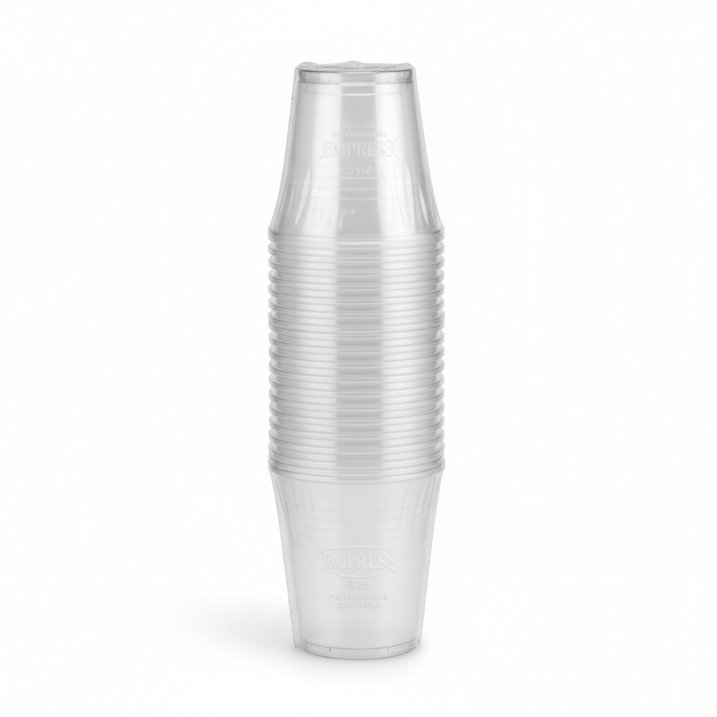 Empress 5 oz Translucent Polypropylene Cups stacked in sleeve