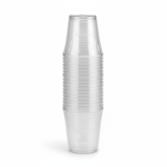 Empress 5 oz Translucent Polypropylene Cups stacked in sleeve
