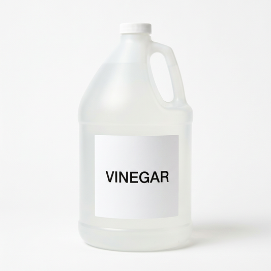 Plain gallon jug labeled Vinegar on a white background